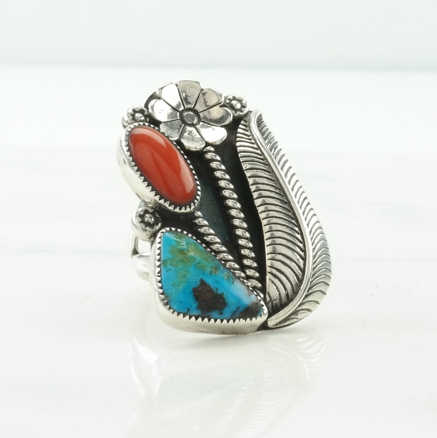 Native American Silver Ring Turquoise, Coral Flowers Sterling Size 8 3/4