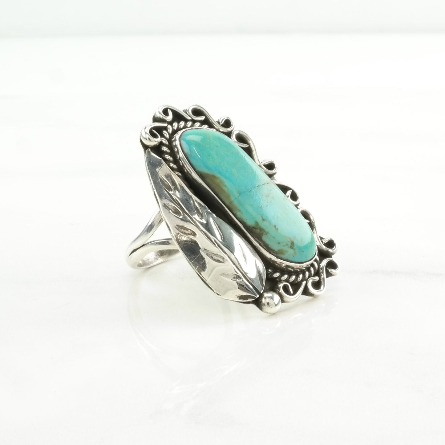 Native American Silver Ring Turquoise Leaf Sterling Blue Size 7