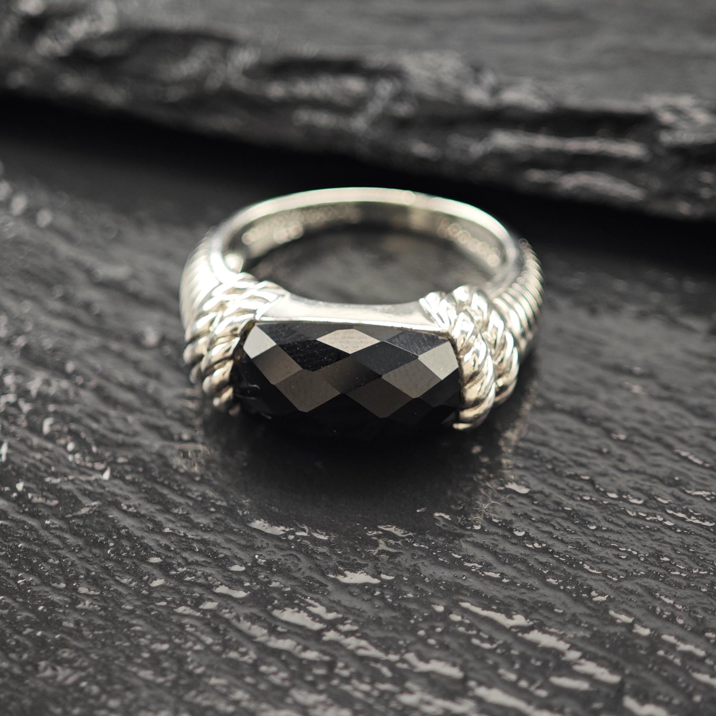 Judith Ripka Faceted Black Onyx Ring Sterling Silver Sz 9