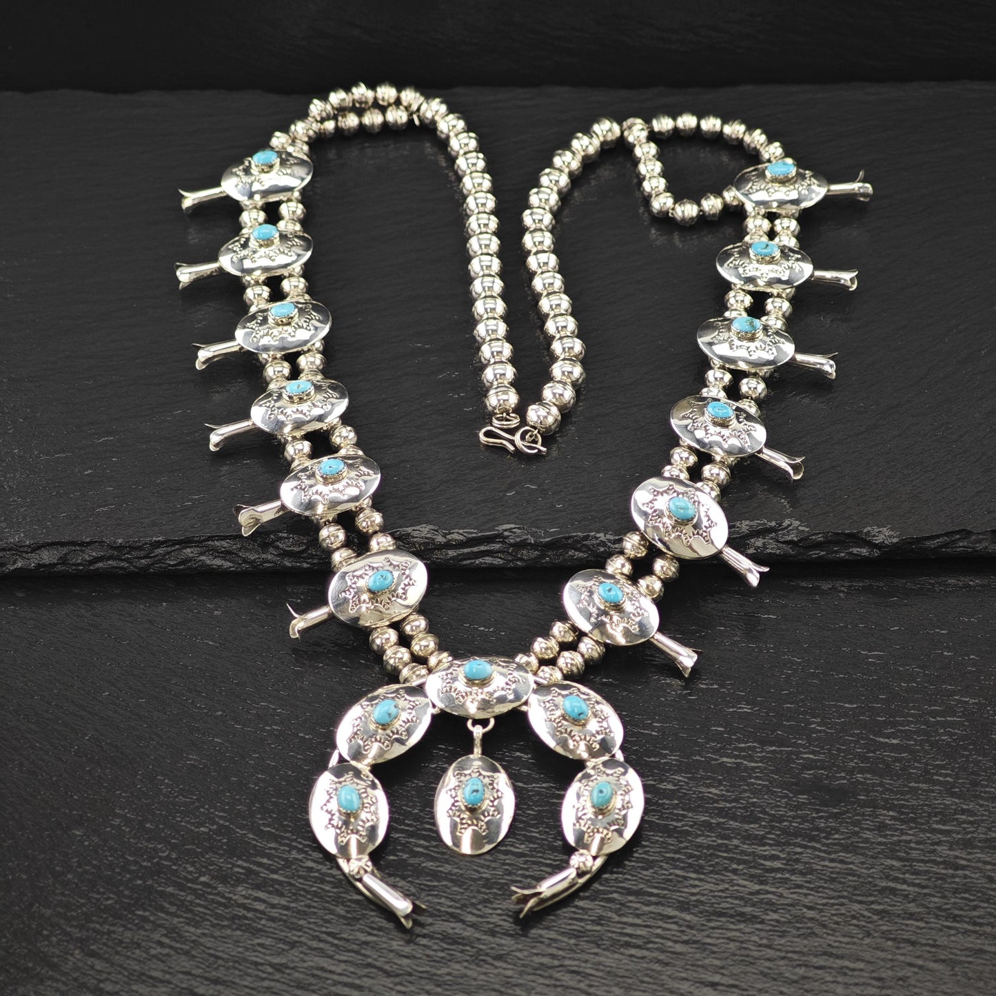 Sw Sterling Blue Turquoise Conchos Squash Blossom Necklace N2594