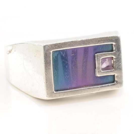 Vintage Silver Ring Iridescent Amethyst Size 13