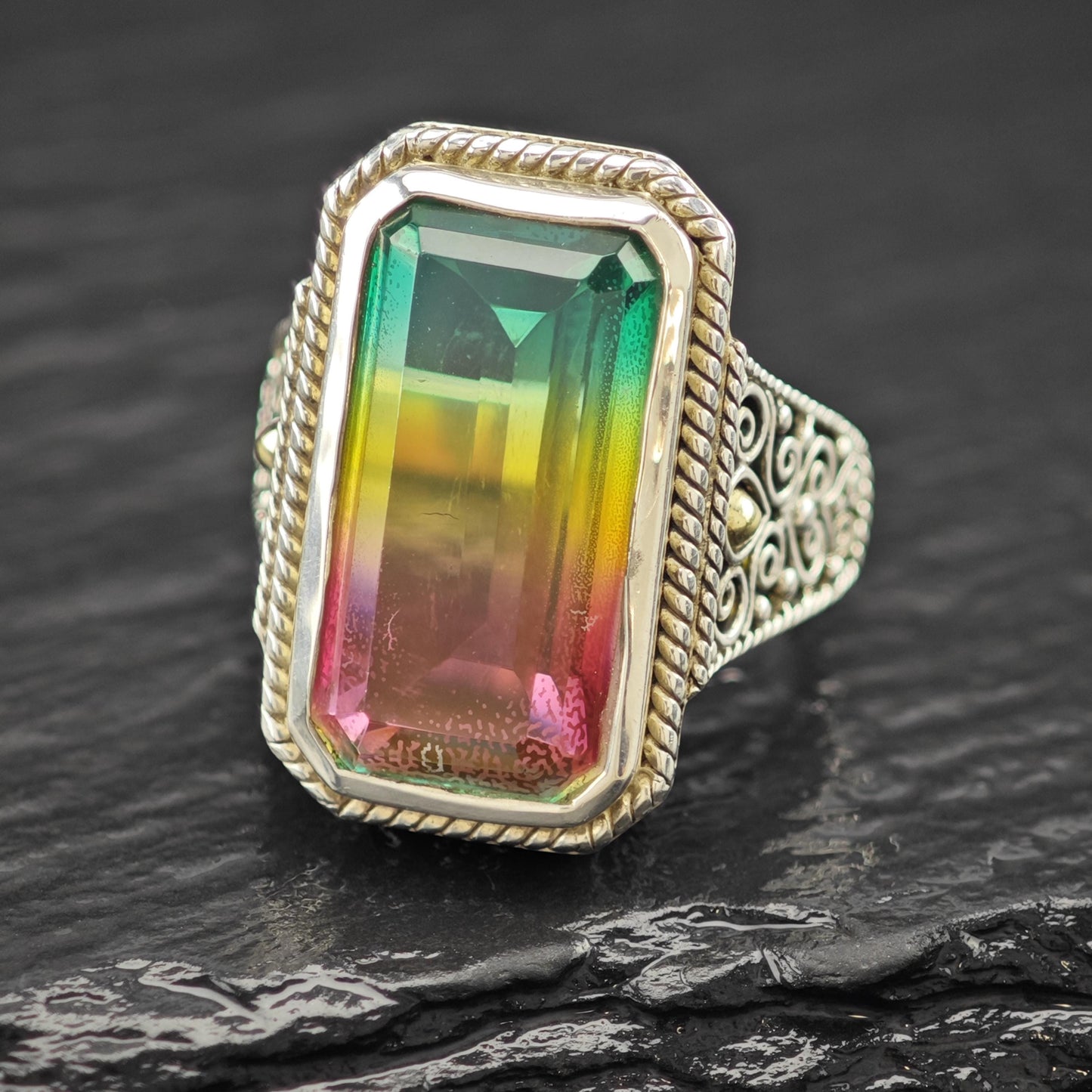 Watermelon Tourmaline Doublet 18K Gold Accents Ring Sterling Silver Sz 7 R6141