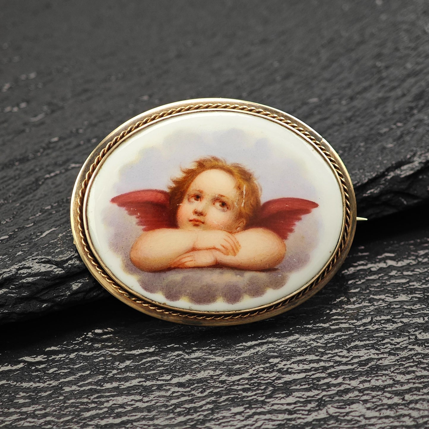 Antique, Victorian Cherub Porcelain Brooch 9-10K Gold