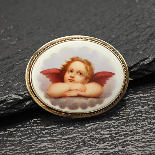Antique, Victorian Cherub Porcelain Brooch 9-10K Gold