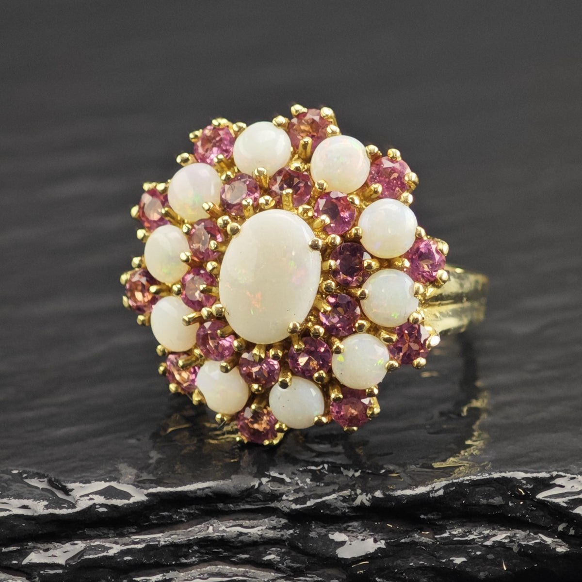 Natural Opal Pink Tourmaline Cluster 10K Gold Ring Sz 6 3/4 R6767
