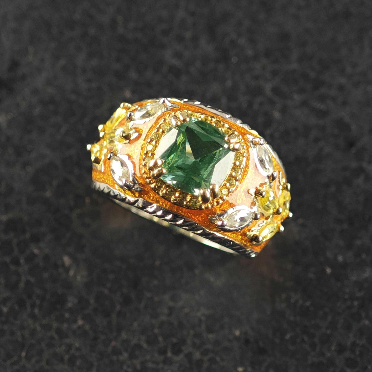 Spinel CZ Orange Enamel Sterling Silver Ring Sz 6 R6836