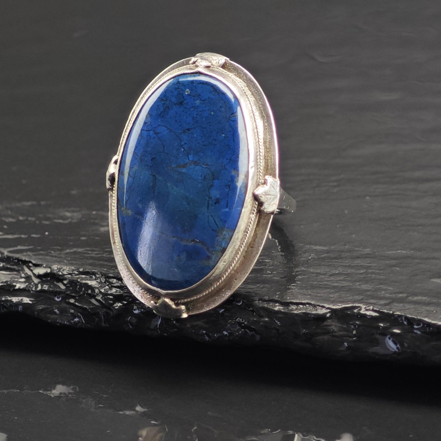Art Deco Large Blue Gemstone Sterling Silver Ring Sz 7 R6729