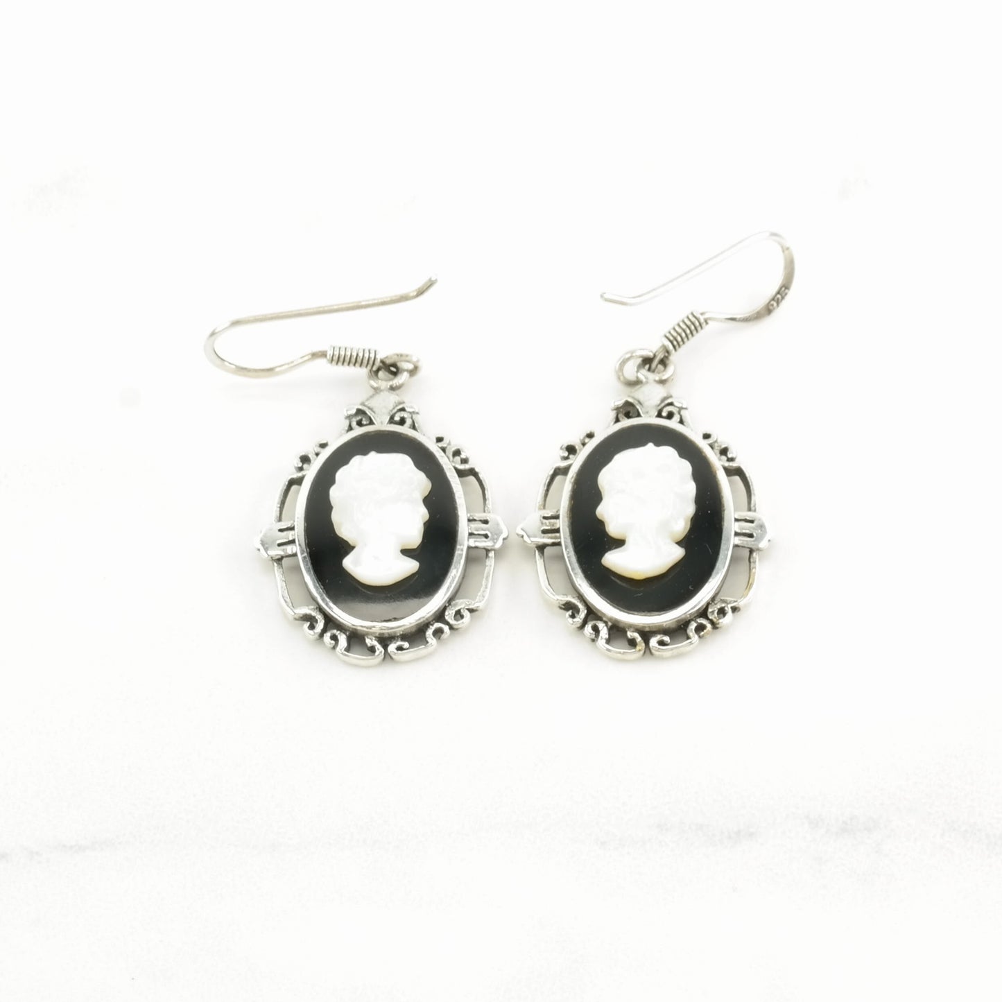 Sterling Silver Black, White MOP, Onyx Portrait Earrings Fish hook