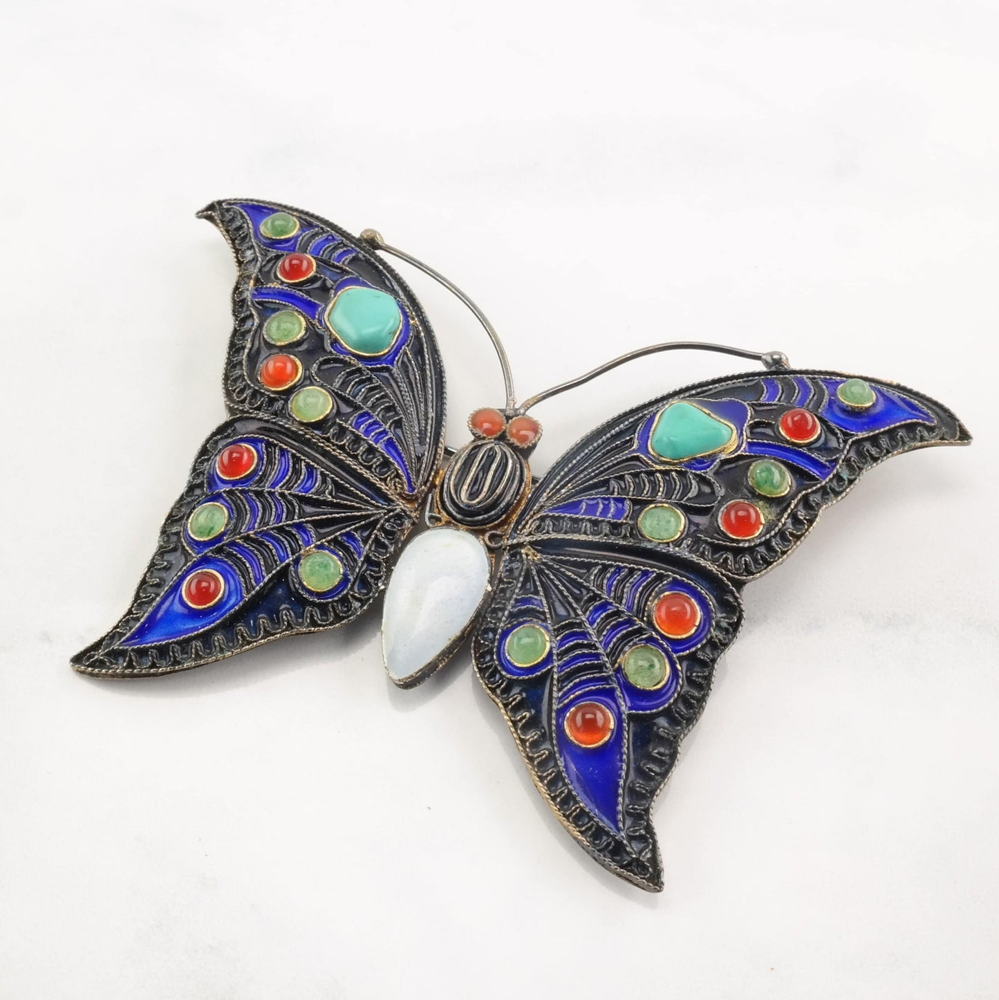 Vintage Silver Brooch Butterfly Enamel Turquoise Sterling