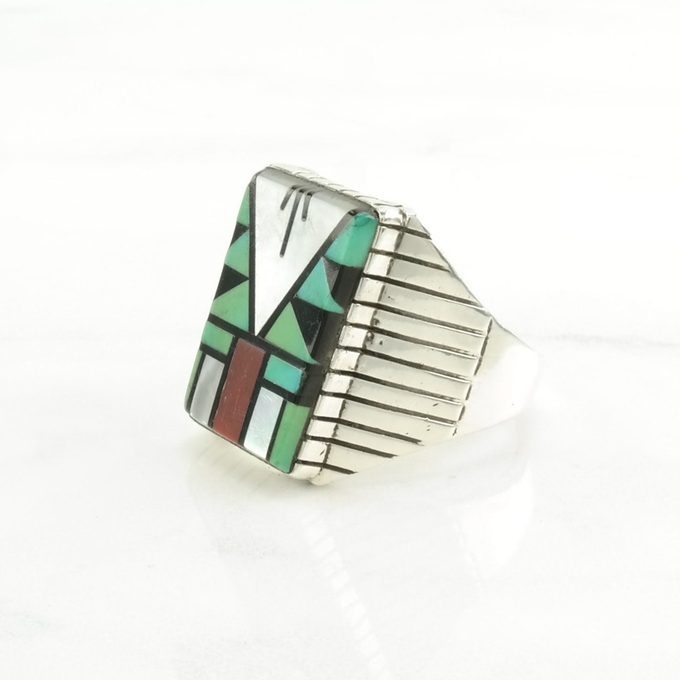 Native American Silver Ring Turquoise, Coral, MOP, Onyx Inlay Sterling Size 11 3/4