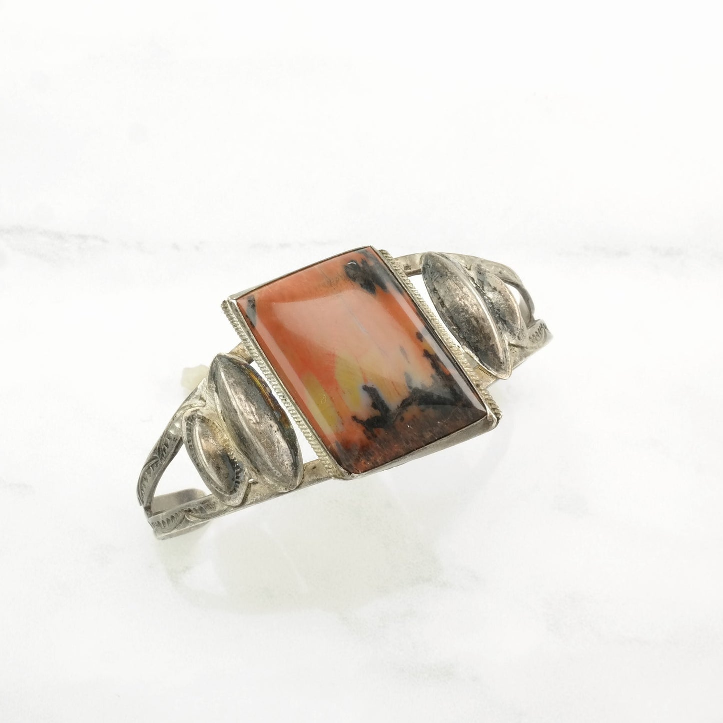 Fred Harvey Era Sterling Silver Cuff Bracelet Orange Petrified Wood