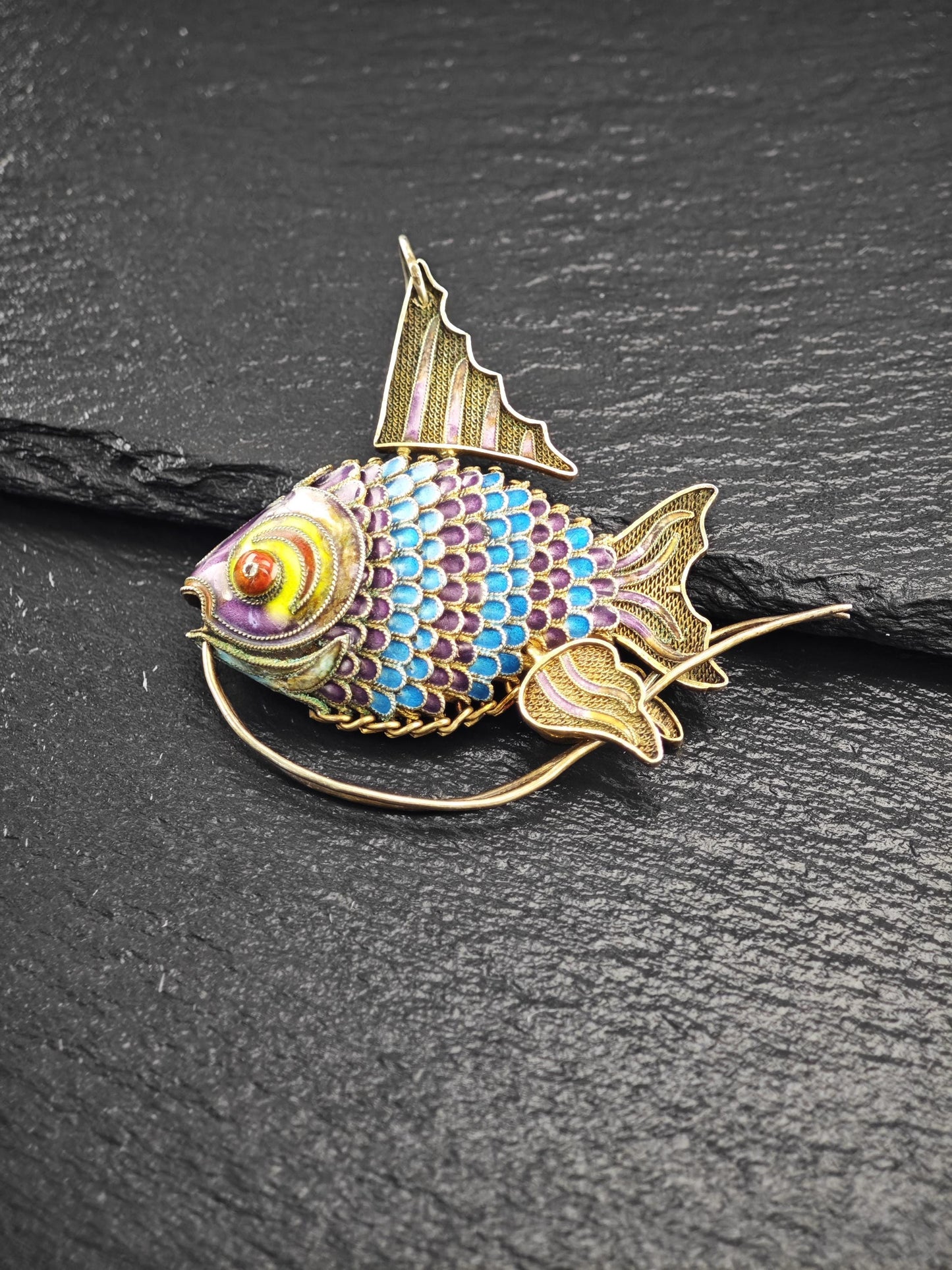 Articulated Enamel Chinese Export Koi Fish, Gold Gilded Sterling Silver P2746
