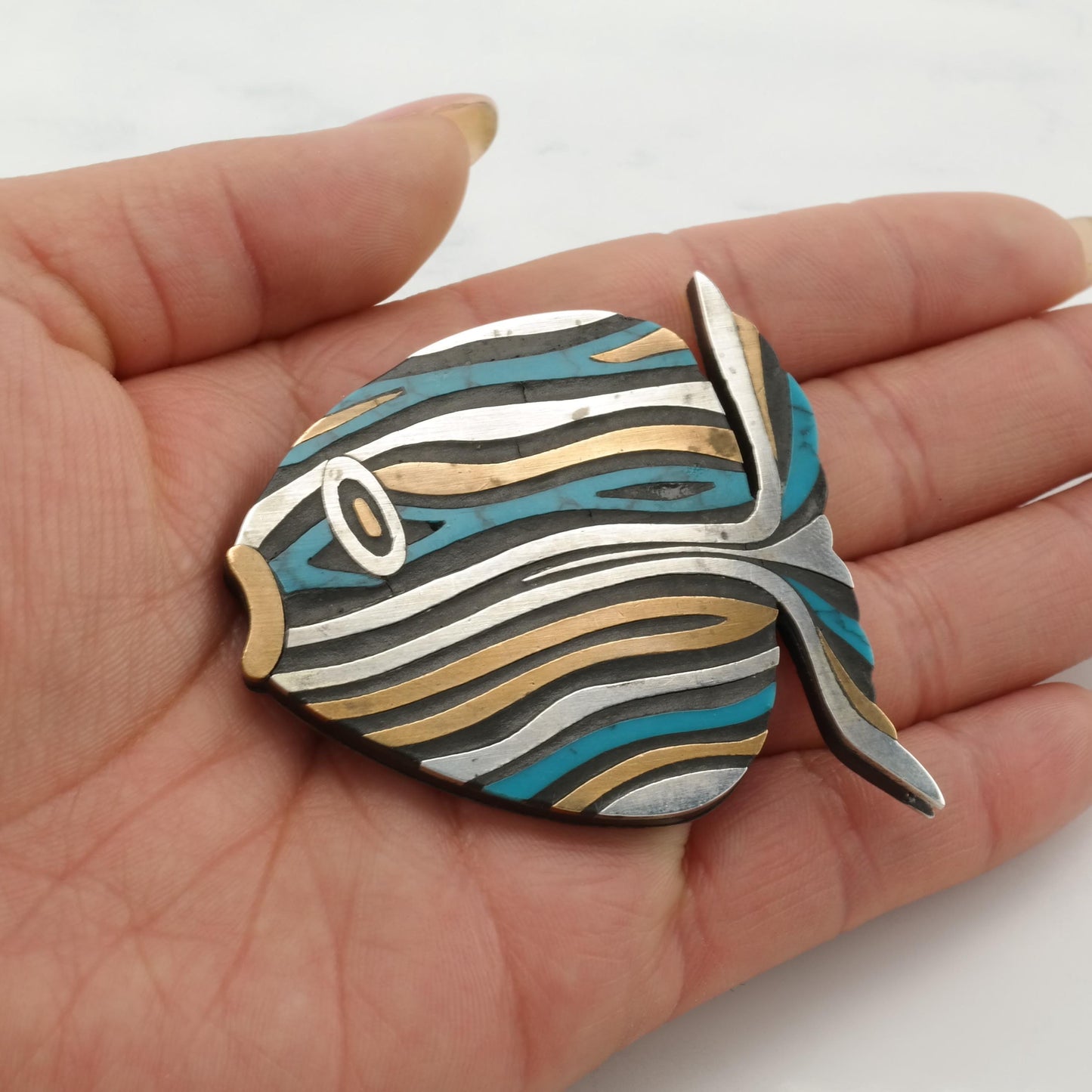 Tono Sterling Silver Brooch Fish, Brass Block Turquoise Inlay