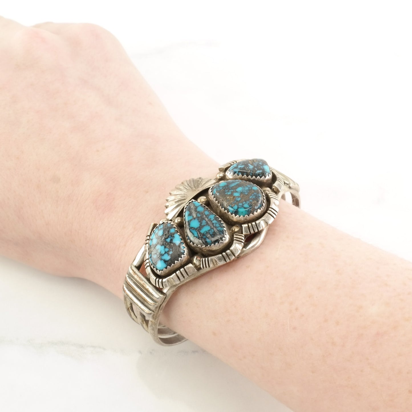 Native American Sterling Silver Cuff Bracelet Blue Lander Blue, Turquoise