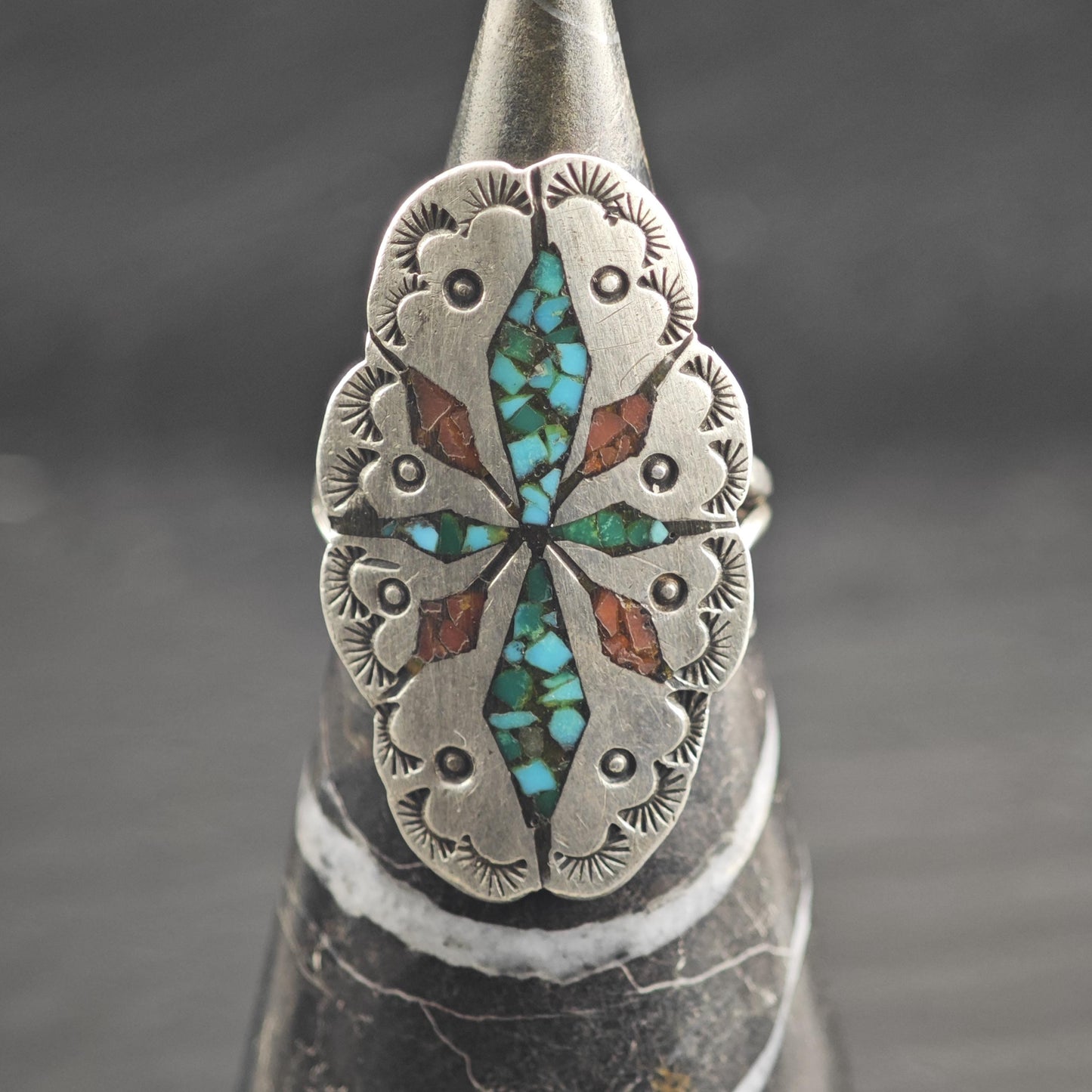 SW Turquoise & Coral Shield Inlay Sterling Silver Ring Sz 7 R6665