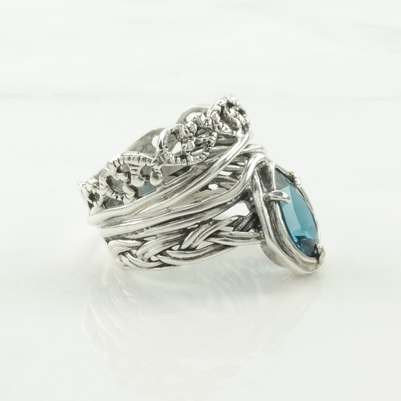 Israel Silver Ring Topaz Braided Sterling Blue Size 7 1/2