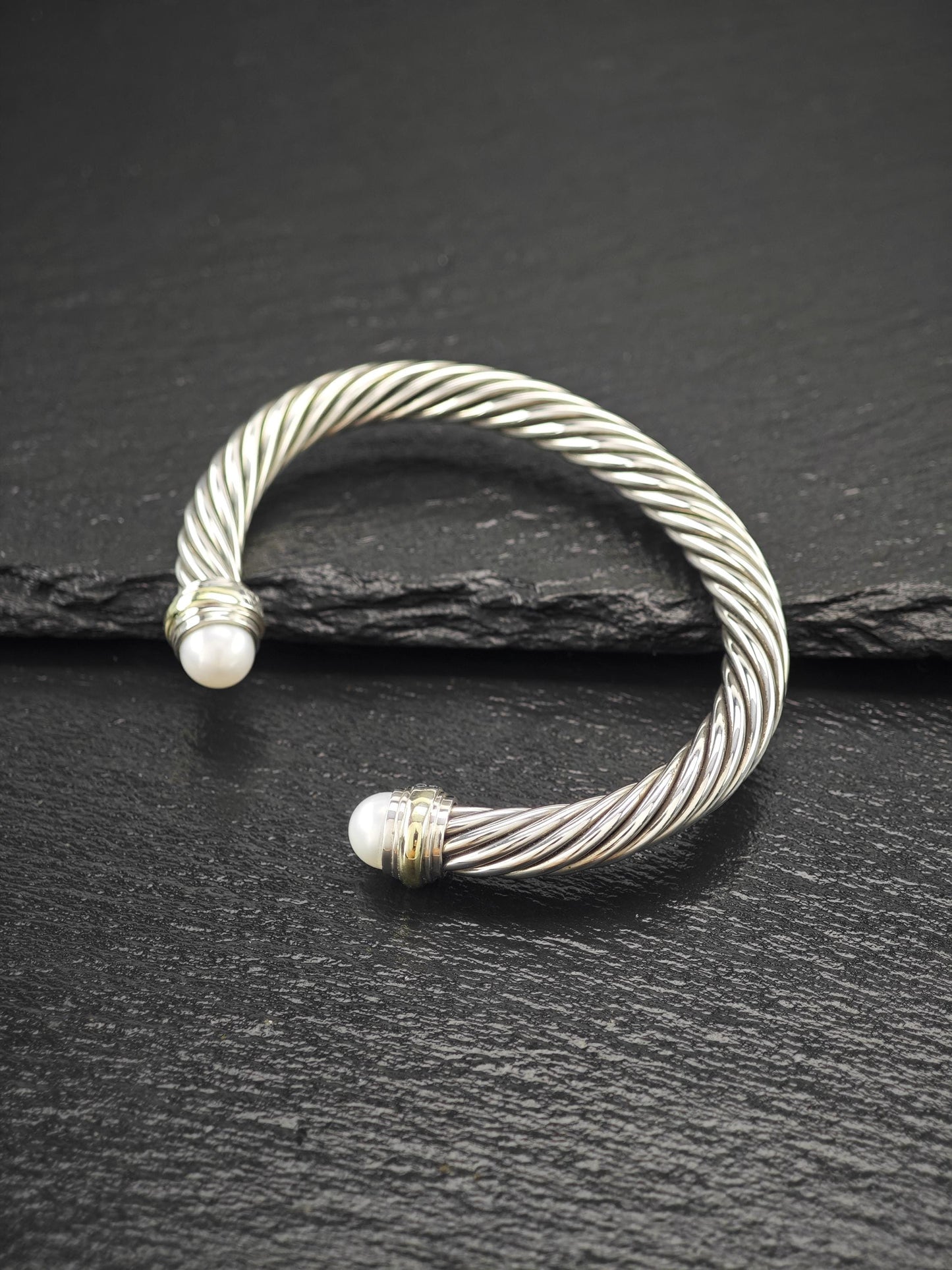 David Yurman 7mm 14K Gold, Pearl Cable Cuff Bracelet Sterling Silver
