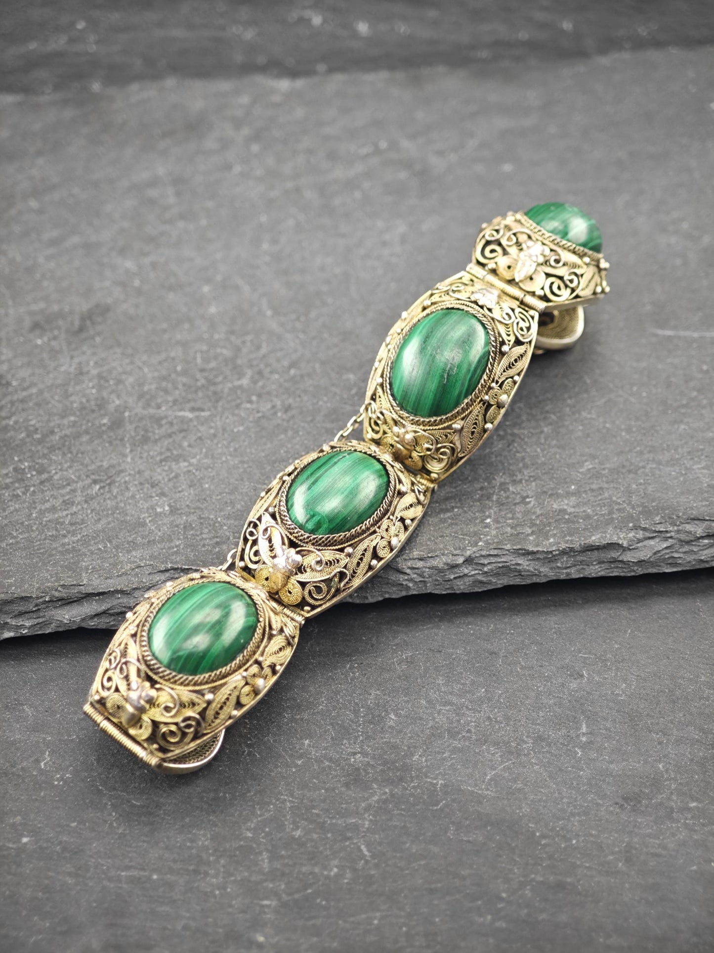 Chinese Silver Gilt Filigree, Malachite Panel Bracelet Sterling Silver