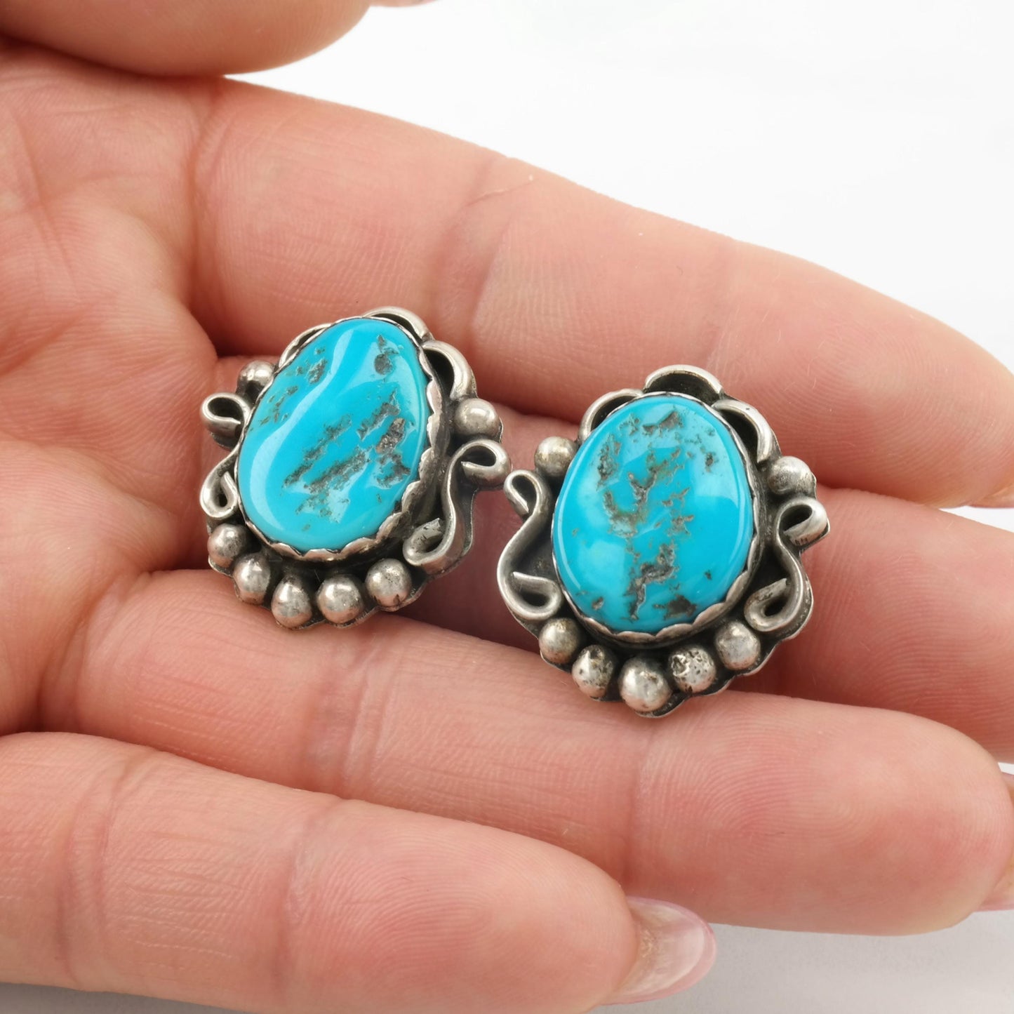 Vintage Native American Turquoise Clip On Earrings Sterling Silver