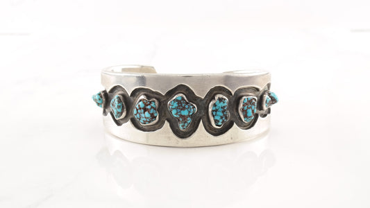 Native American Sterling Silver Cuff Bracelet Blue Spiderweb, Turquoise Nuggets