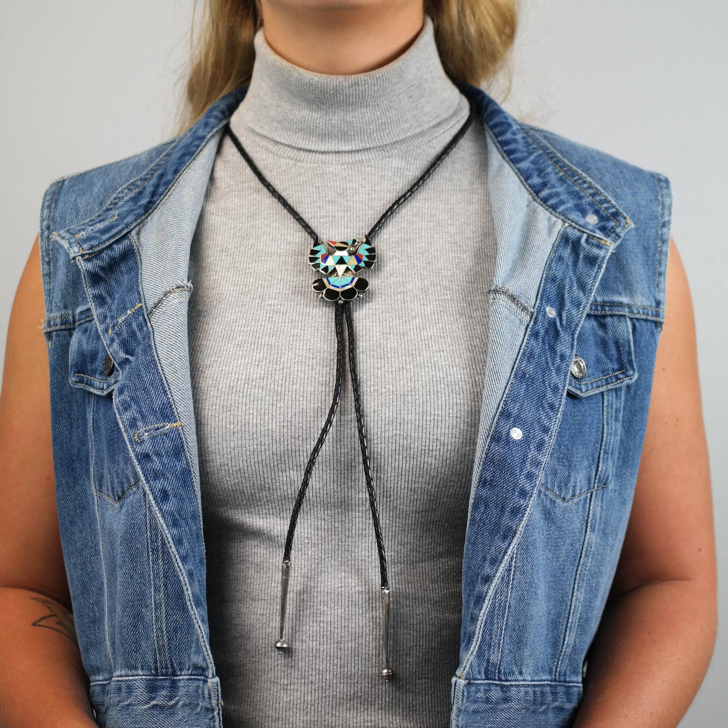Vintage Native American Sterling Silver, Inlay Thunderbird Bolo Tie Necklace N2744