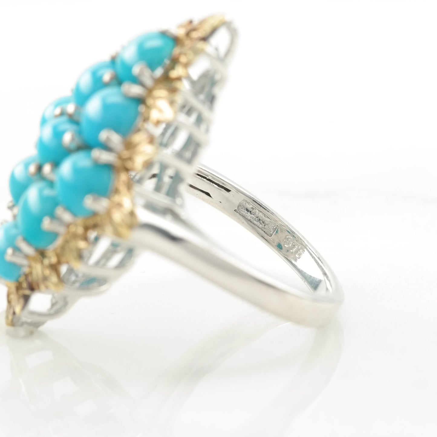 Vintage Sterling Silver Ring Created Turquoise Cluster Gold Plated Top Blue Size 6