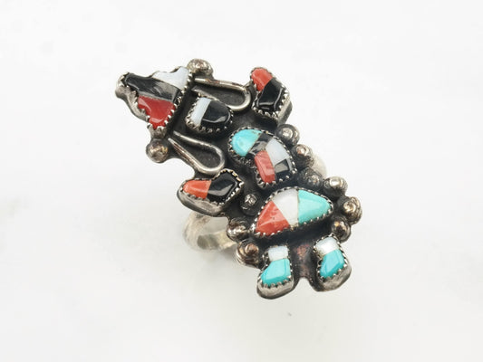 Zuni Sterling Silver Ring Turquoise MOP Onyx Rain Dancer White Black Blue Size 6 1/2