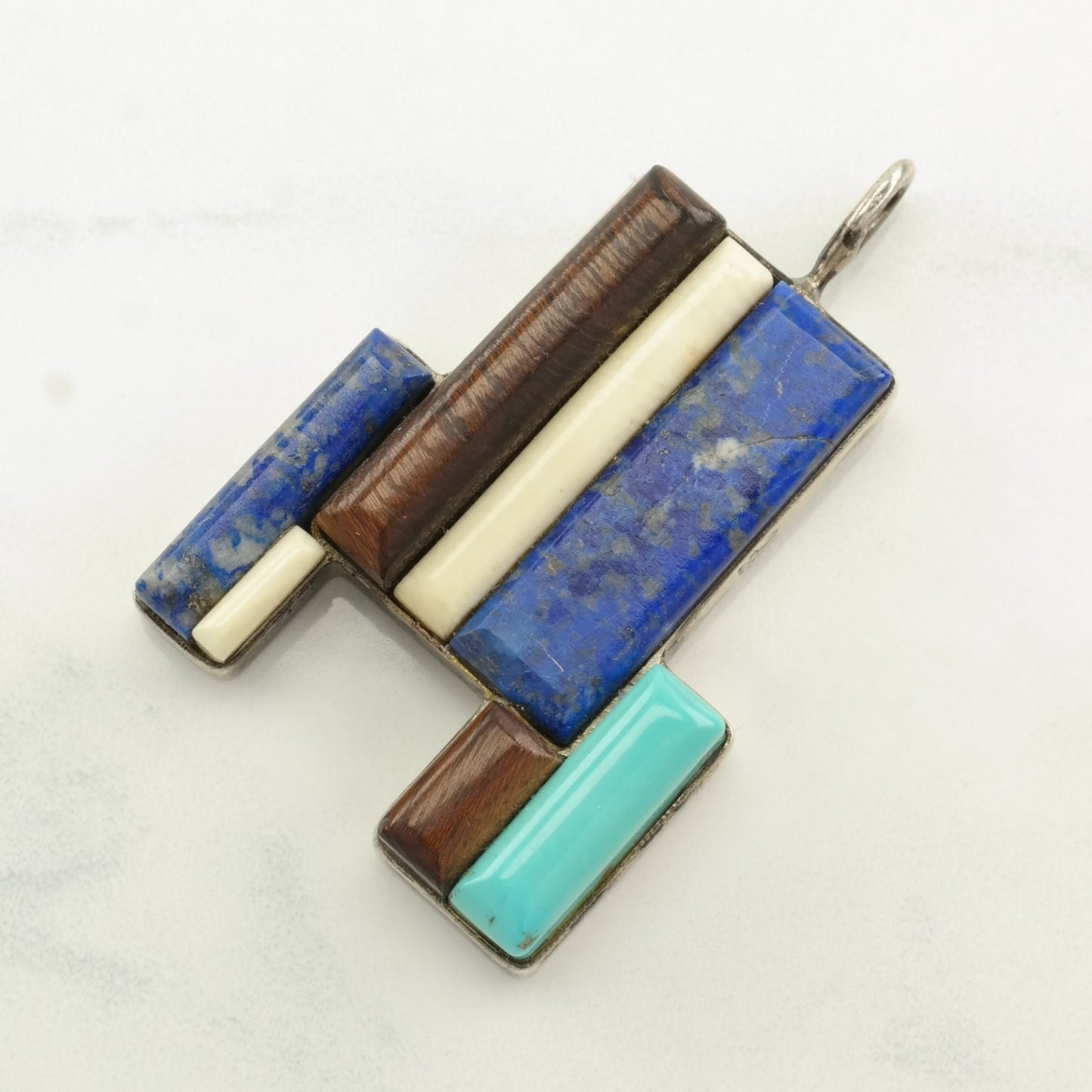 Native American Turquoise, Lapis Lazuli, Stone Cobblestone Inlay Sterling Silver Pendant