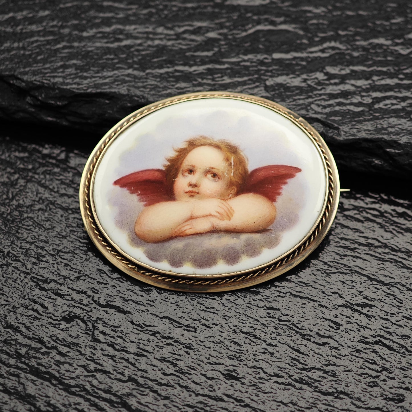 Antique, Victorian Cherub Porcelain Brooch 9-10K Gold