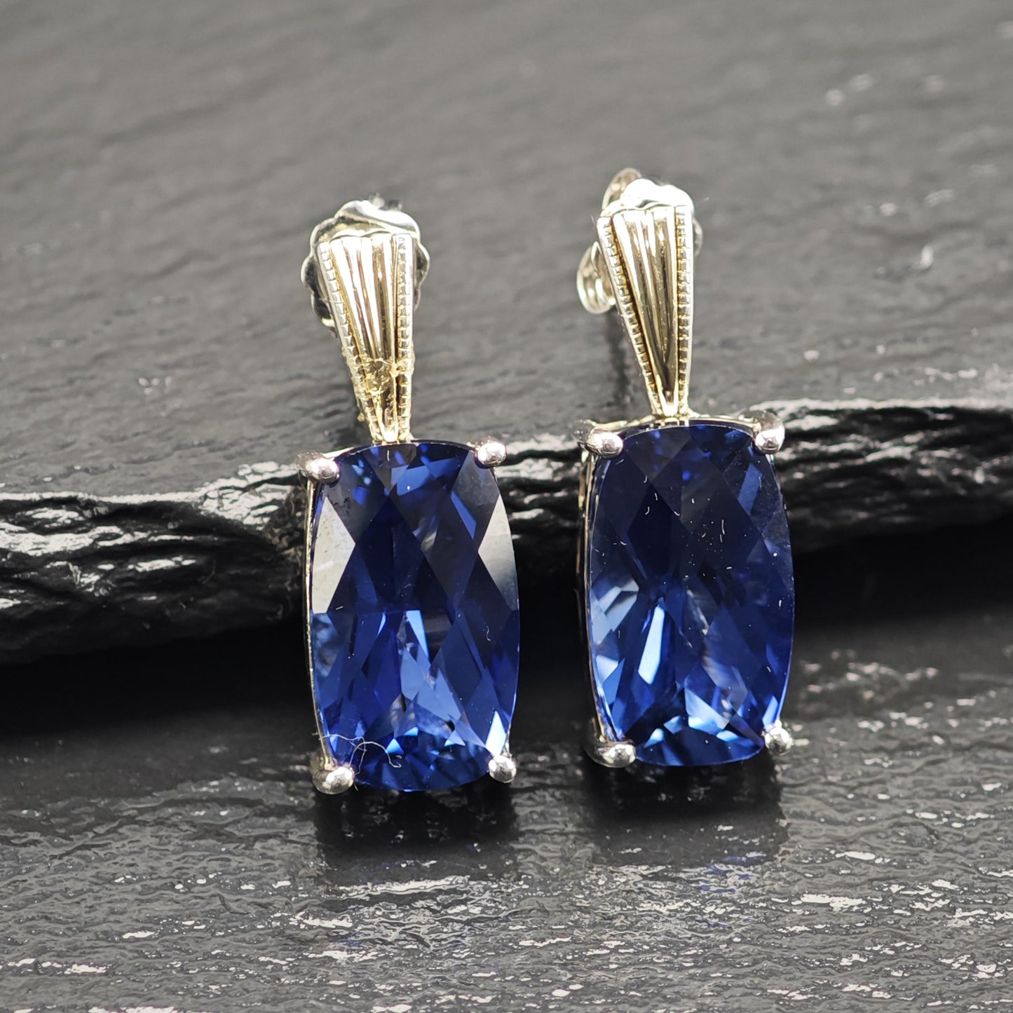 Designer Blue Lab Sapphire, 14K Gold Accent Sterling Silver Stud Earrings ER3183