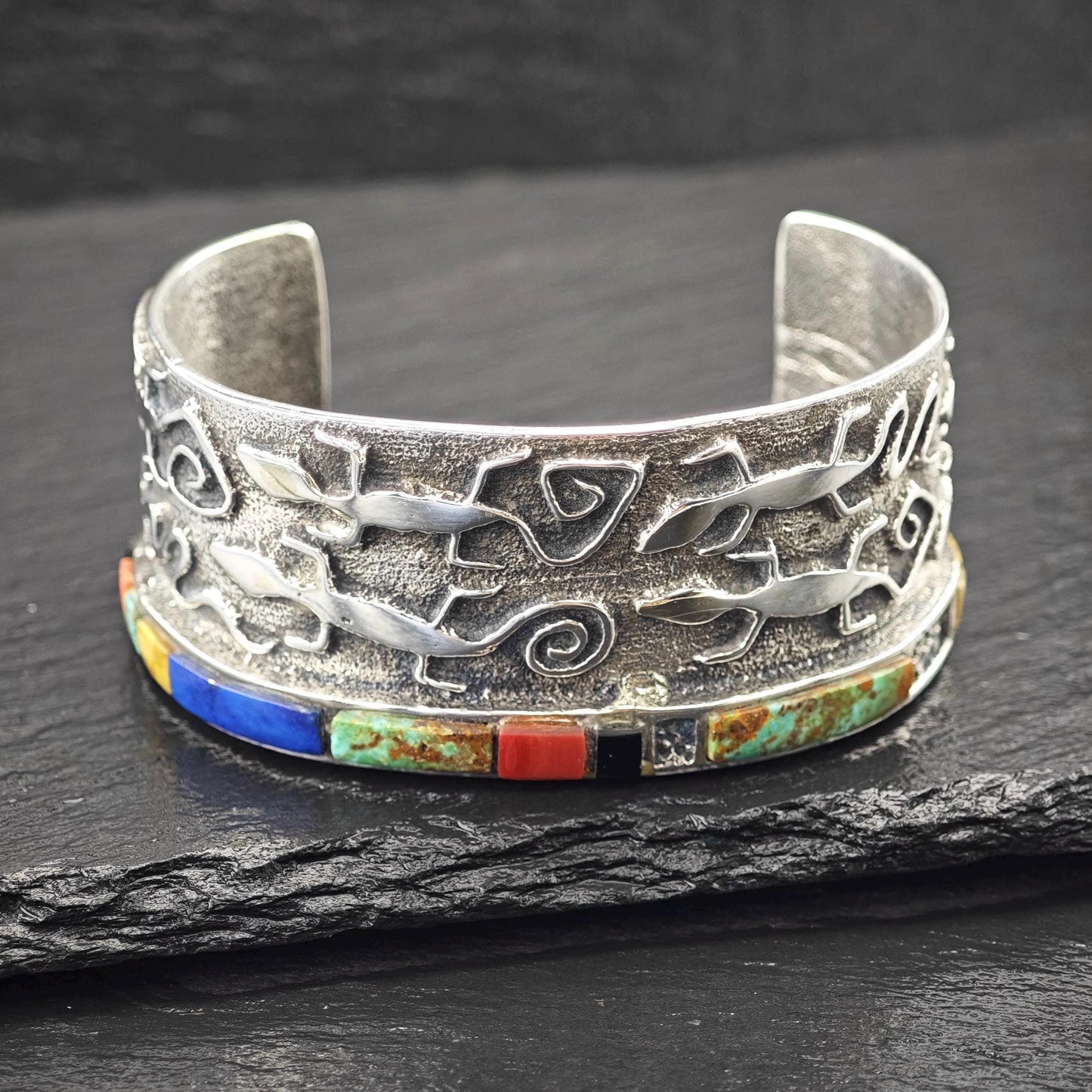 Hopi, Steve LaRance, Native American Tufa Cast Inlay, Lizard Cuff Bracelet Sterling Silver