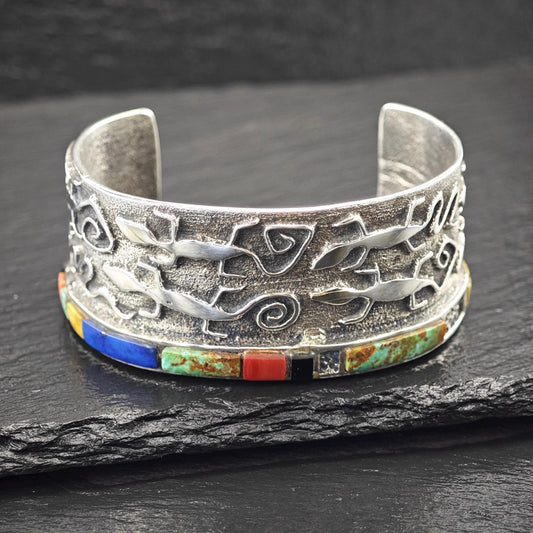Hopi, Steve LaRance, Native American Tufa Cast Inlay, Lizard Cuff Bracelet Sterling Silver