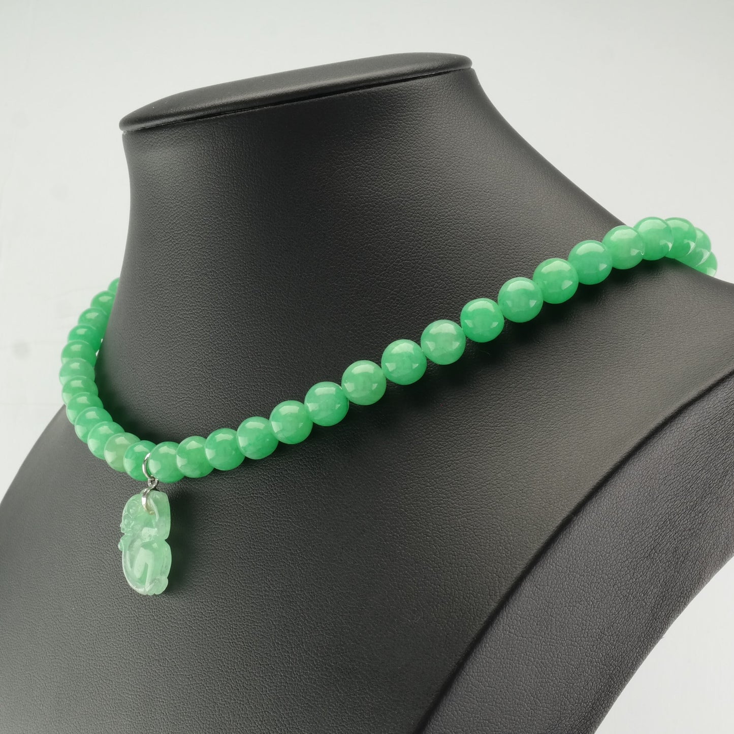 Vintage Sterling Silver & Green Jade Bead Necklace with Carved Jade Monkey Pendant