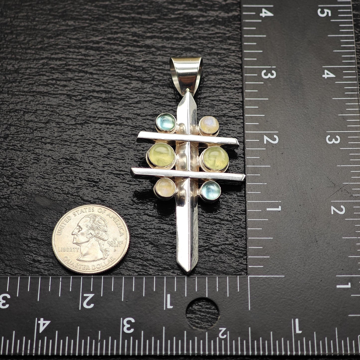 Vintage DTR Moonstone, Prehnite, Topaz Cross Pendant Sterling Silver
