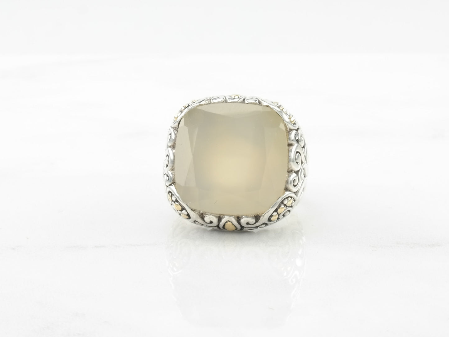 Vintage Robert Manse Sterling Silver Ring White Beige Gemstone 18K Gold Size 7