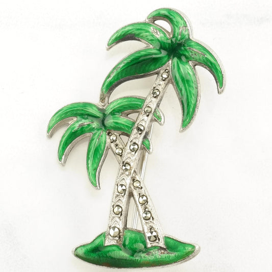 Green Enamel Silver Brooch Marcasite, Palm Tree Sterling