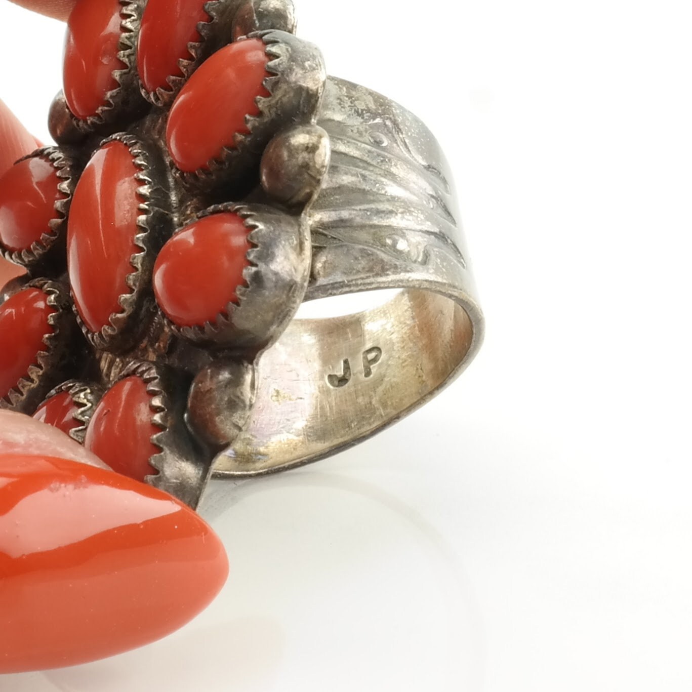 Native American Silver Ring Coral Floral Sterling Red Size 9 1/4