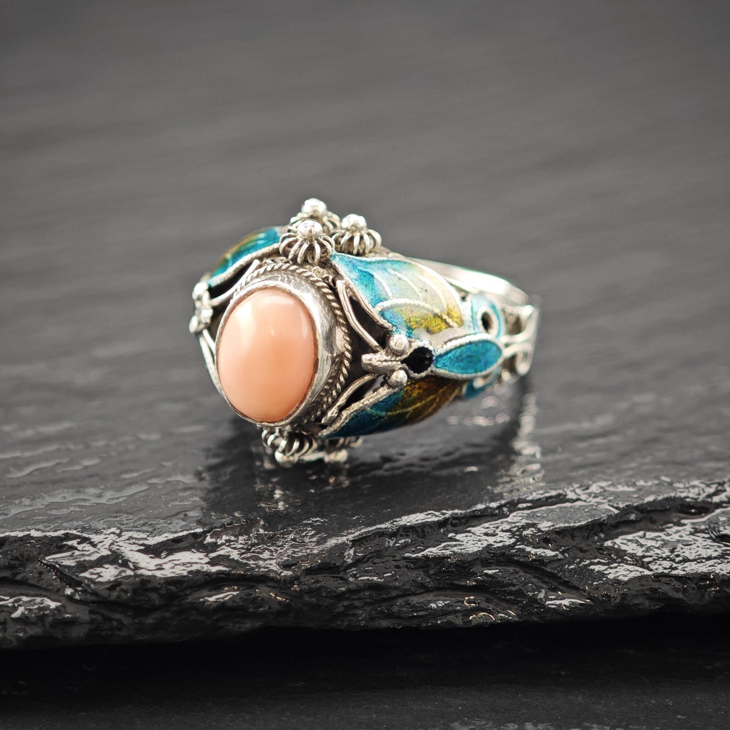 Chinese Export Enamel Butterfly Ring Sterling Silver Size 6