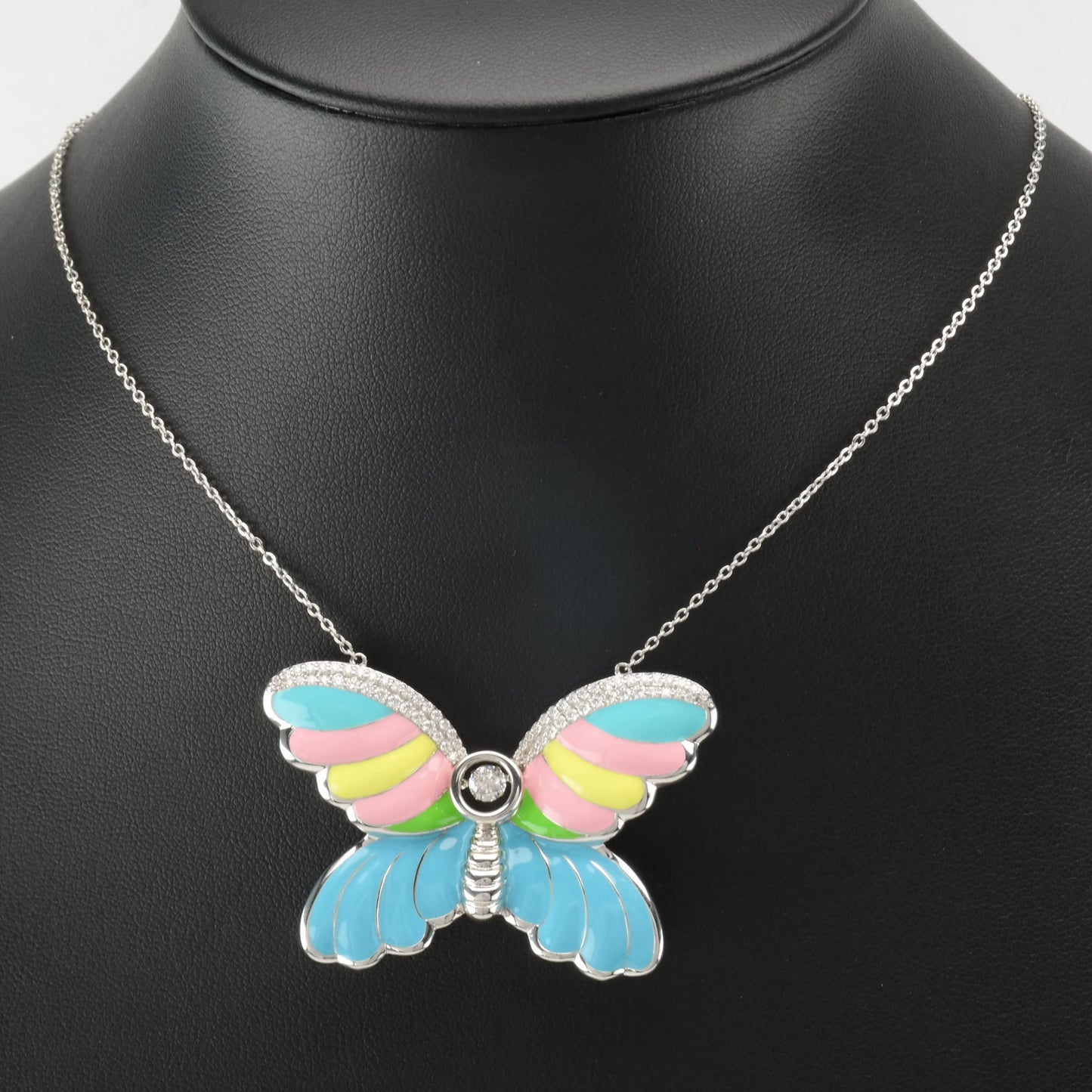 Sterling Silver Enamel Butterfly Dangling Moissanite Necklace N2418