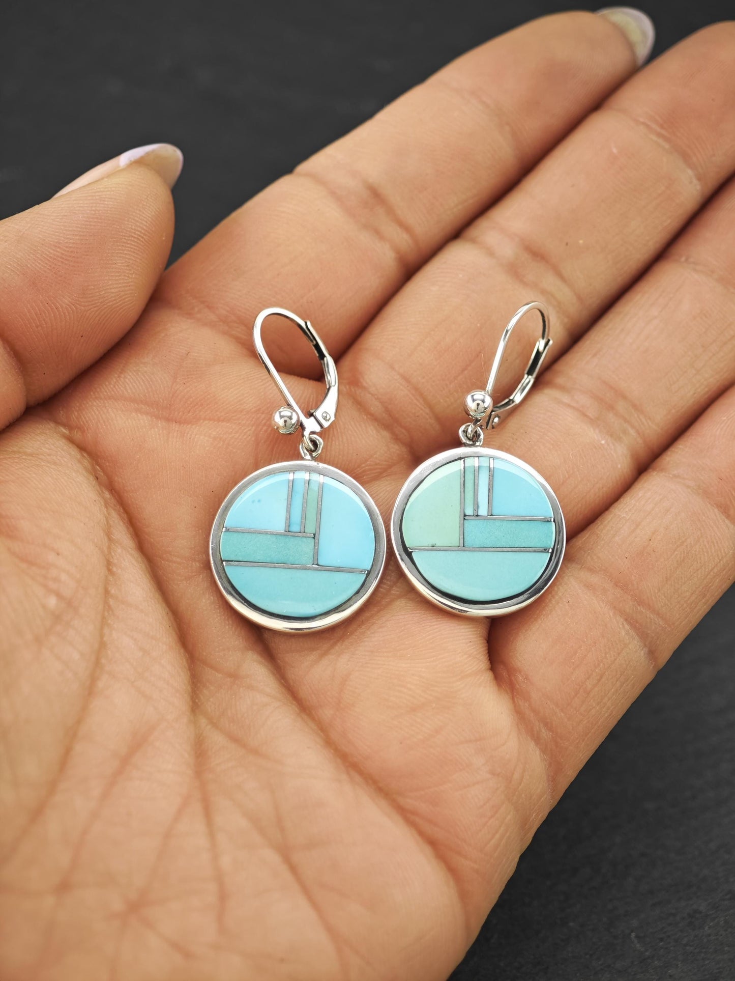 Calvin Begay, TSF, Native American Inlay Lever Back Earrings Sterling Silver