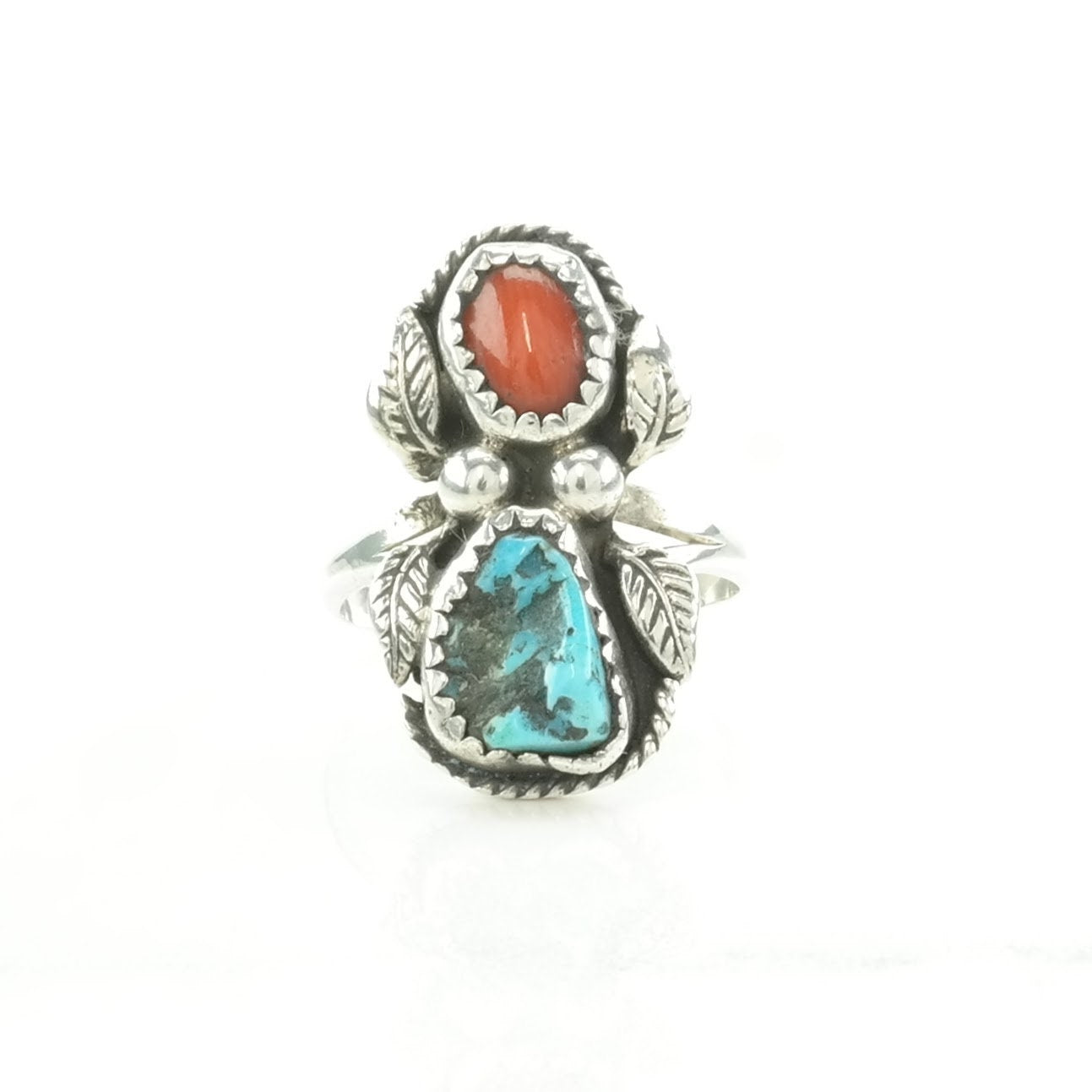 Native American Silver Ring Turquoise, Coral Leaf Sterling Blue, Red Size 6 3/4