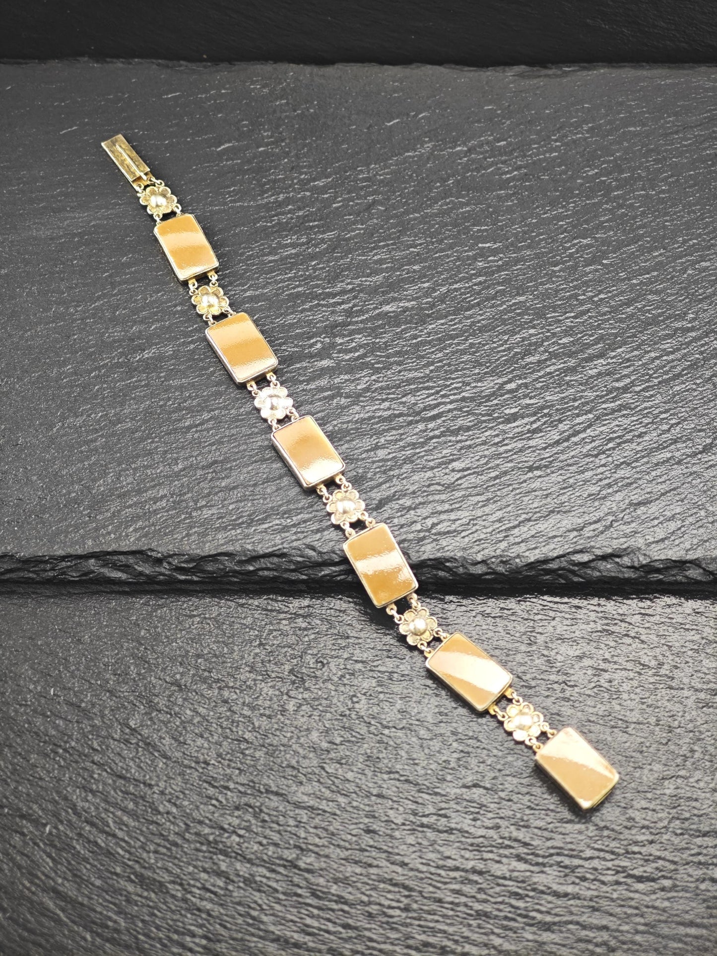 Chinese Export Brown Porcelain, Gold Gilded Bracelet Sterling Silver