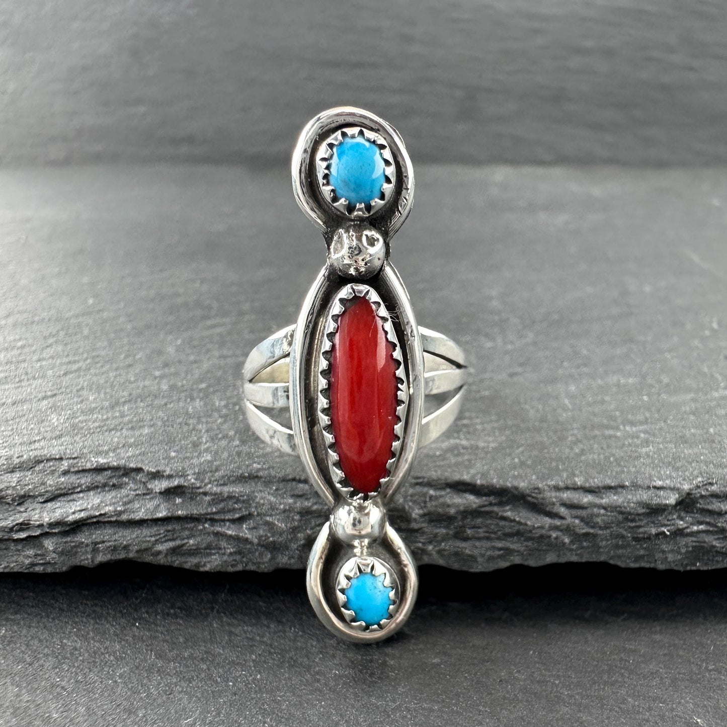 Native American, Coral, Turquoise Ring Sterling Silver