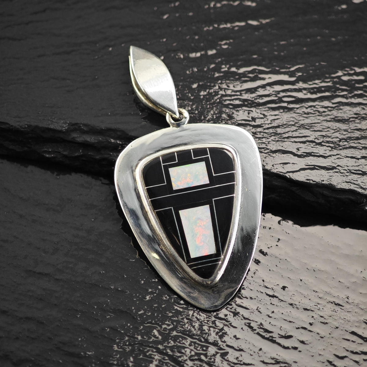 Navajo Opal Onyx Inlay Sterling Silver Pendant, Harold Stevens Jr. P3149