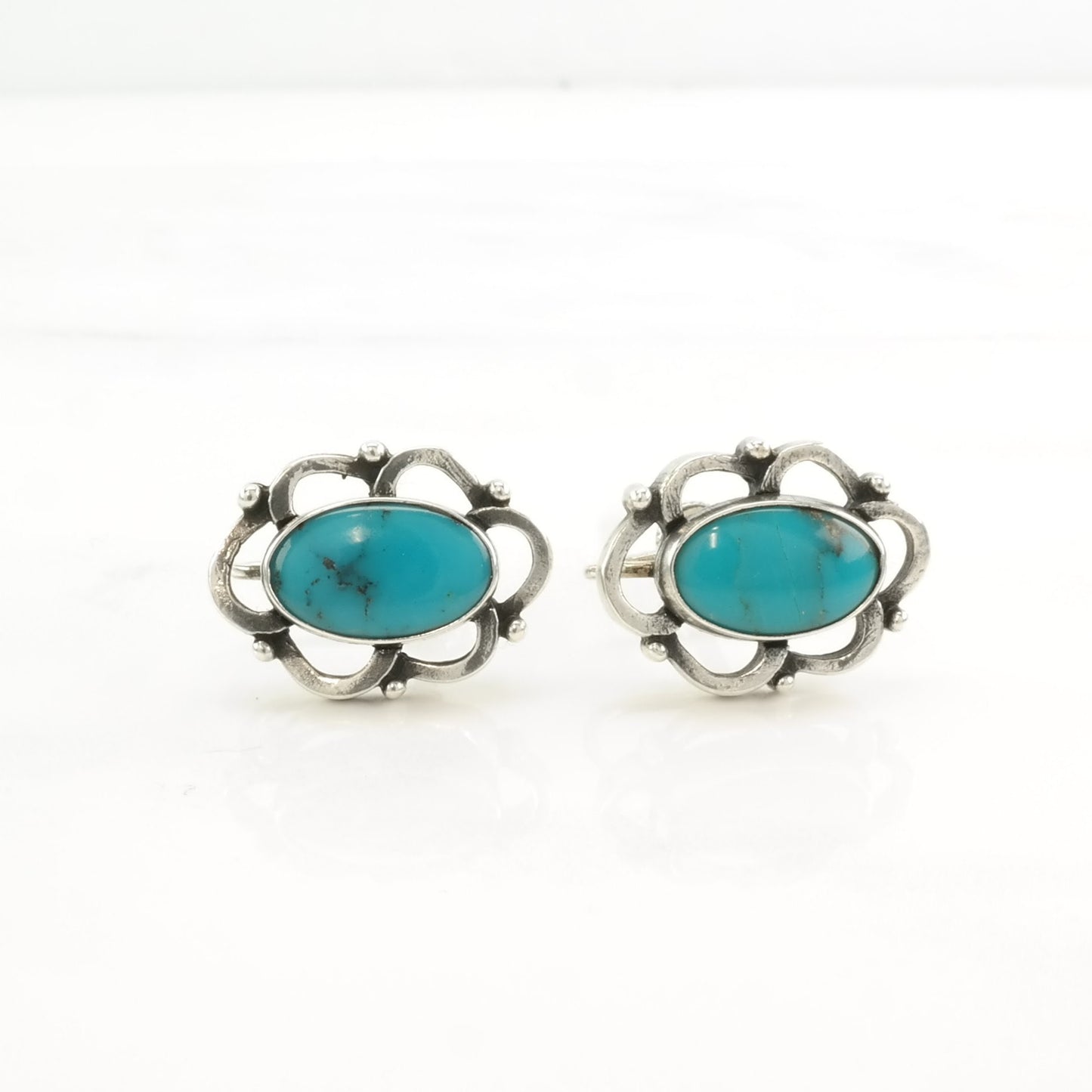 Vintage Sterling Silver Screw back Earrings Fred Harvey Era Blue Block Created Turquoise Floral