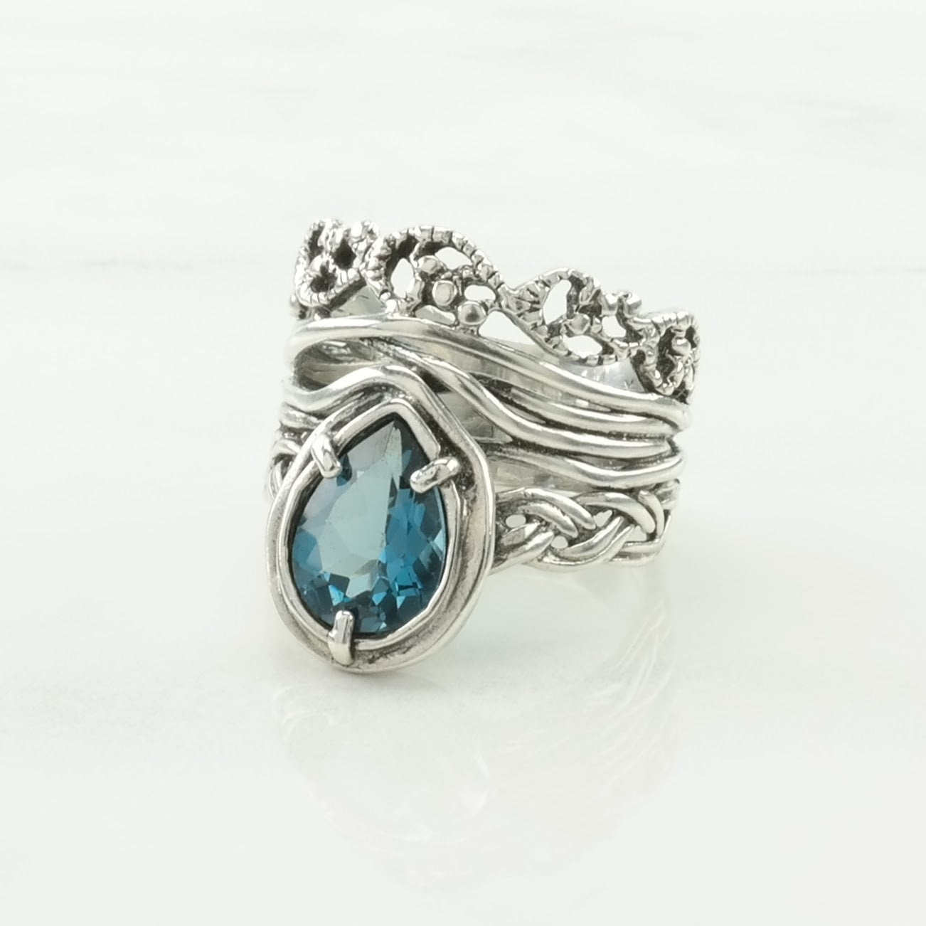 Israel Silver Ring Topaz Braided Sterling Blue Size 7 1/2