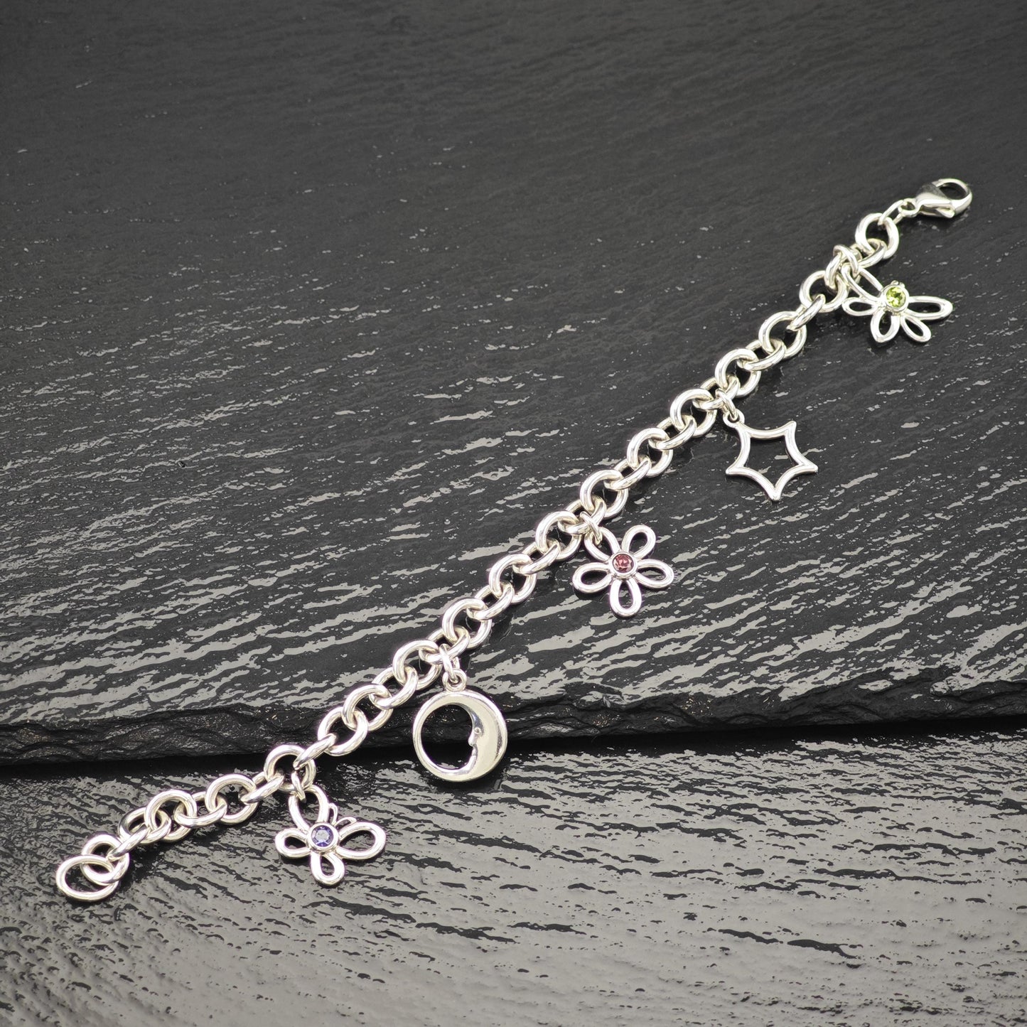 2003 Tiffany Charm Gemstone Link Bracelet Sterling Silver Size 7"