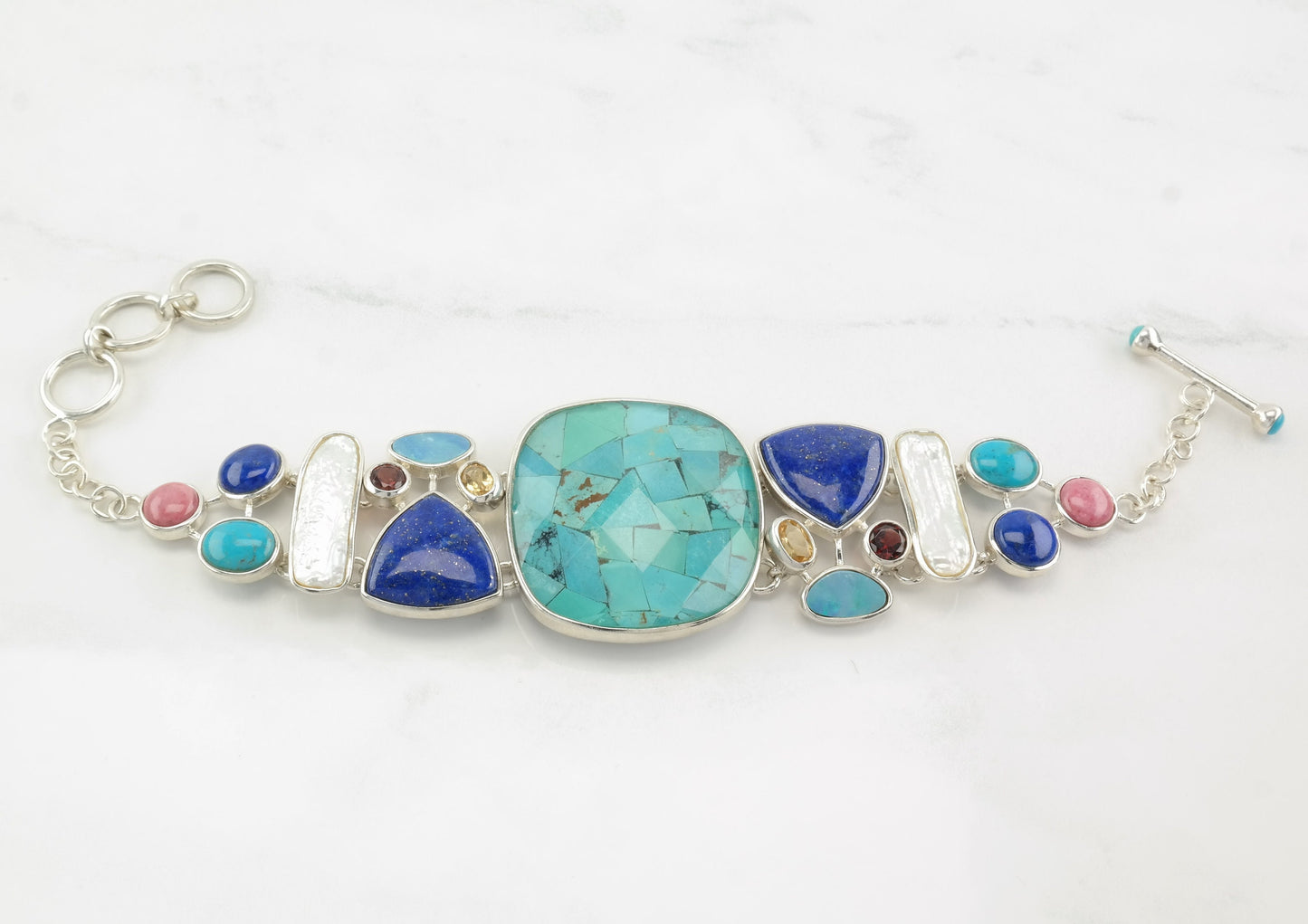 Modernist Sterling Silver Line Bracelet Multi Stone, Turquoise, Lapis Lazuli, Opal