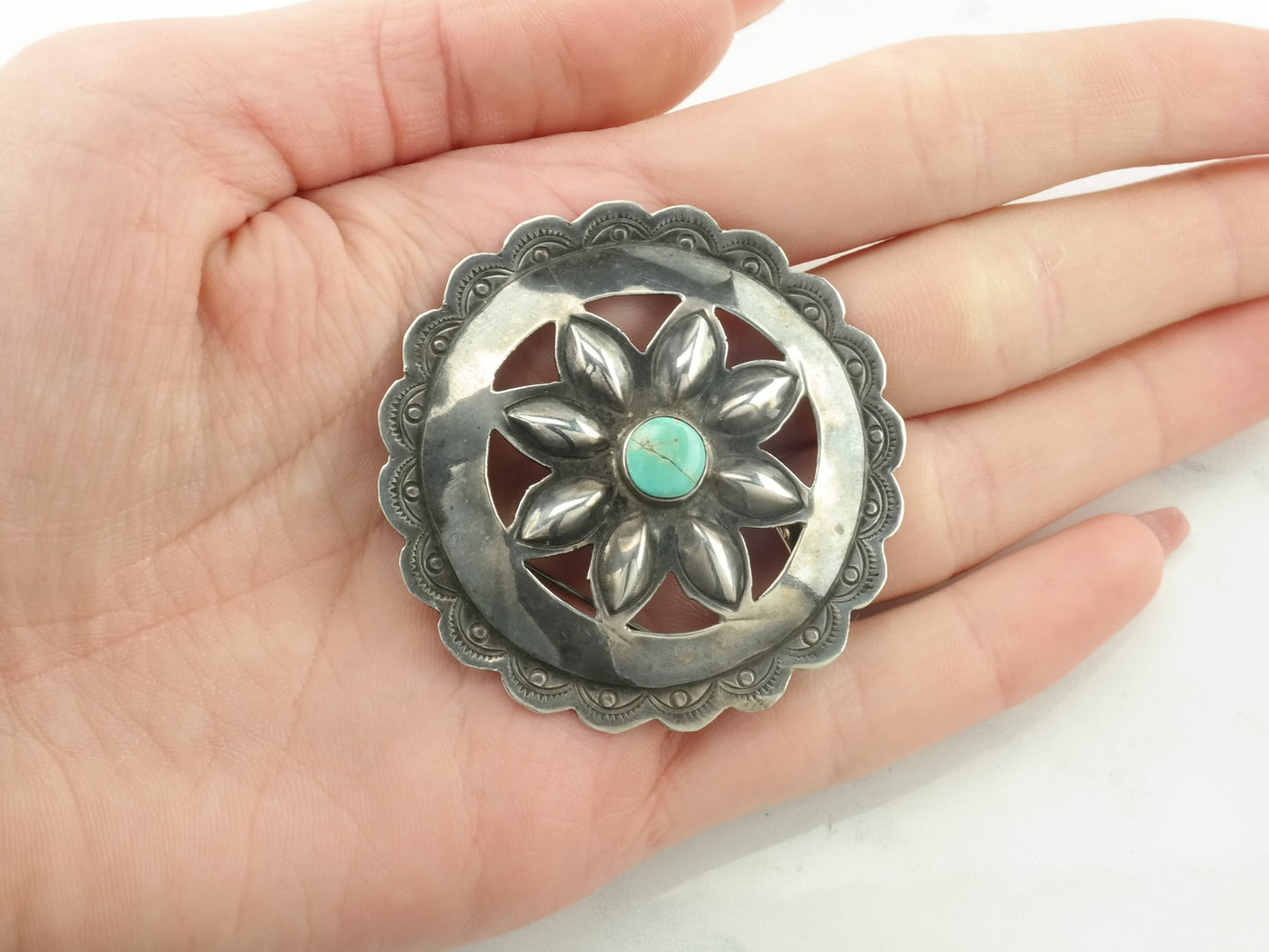 Southwestern Native American Sterling Silver Blue Turquoise Concho Brooch