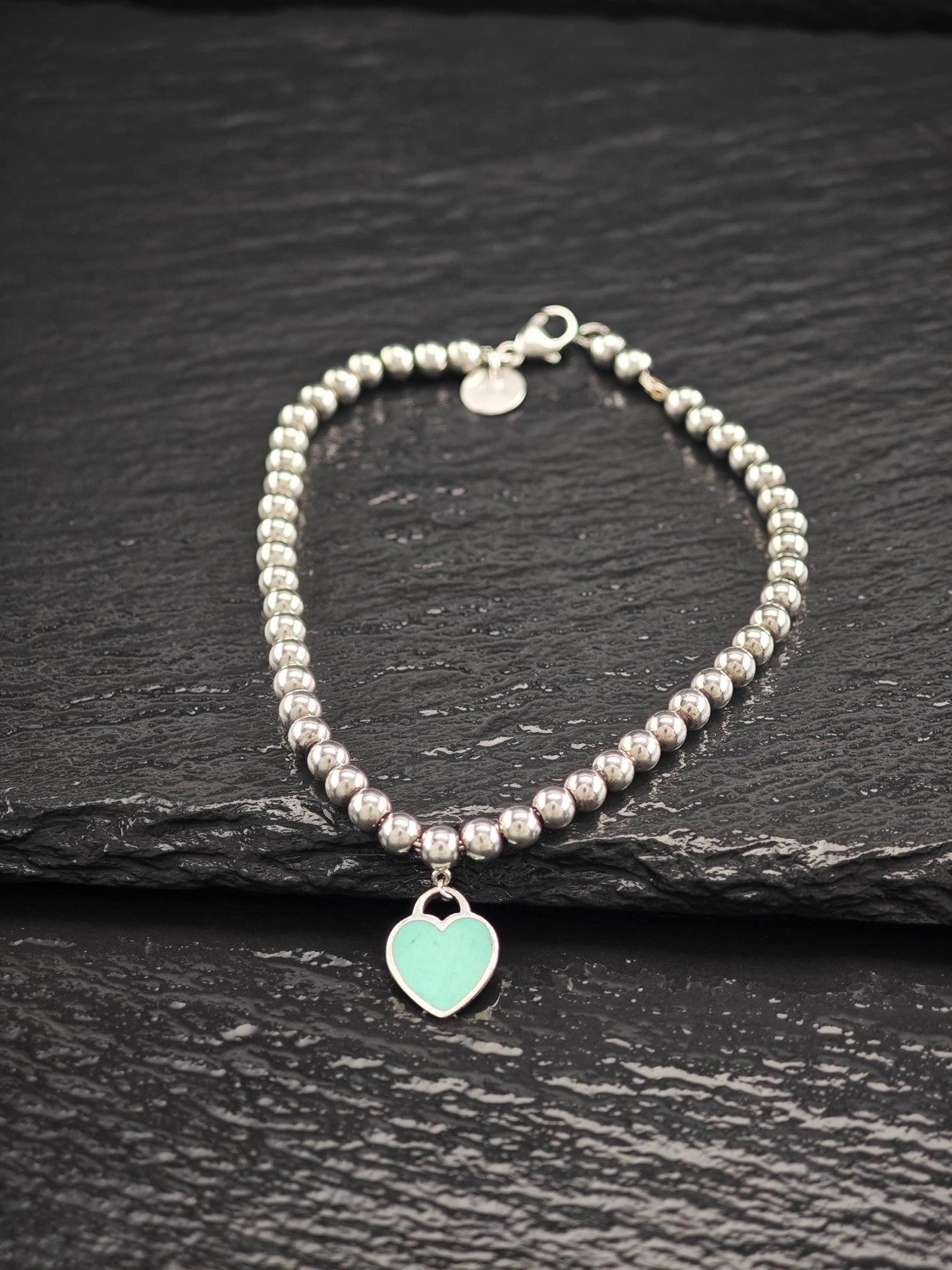 Vintage Tiffany & Co. Teal Heart Charm Bracelet Sterling Silver